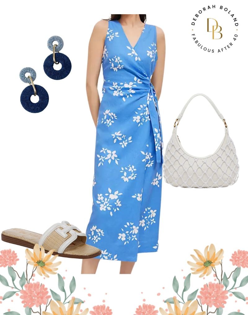 Wrap Dress and Slide Sandals Apple Body type- Blue Floral Wrap Dress