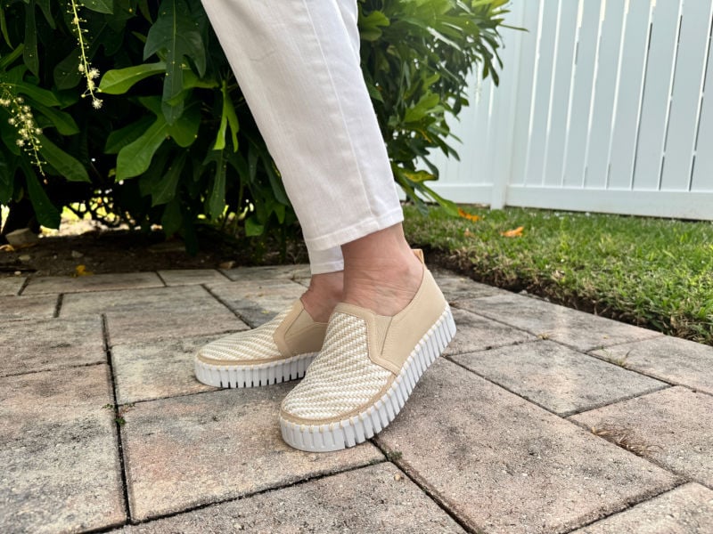Best sneakers for women over 50 - beige and white woven