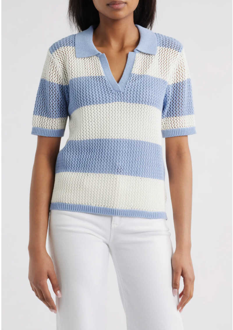 blue and white crochet polo top