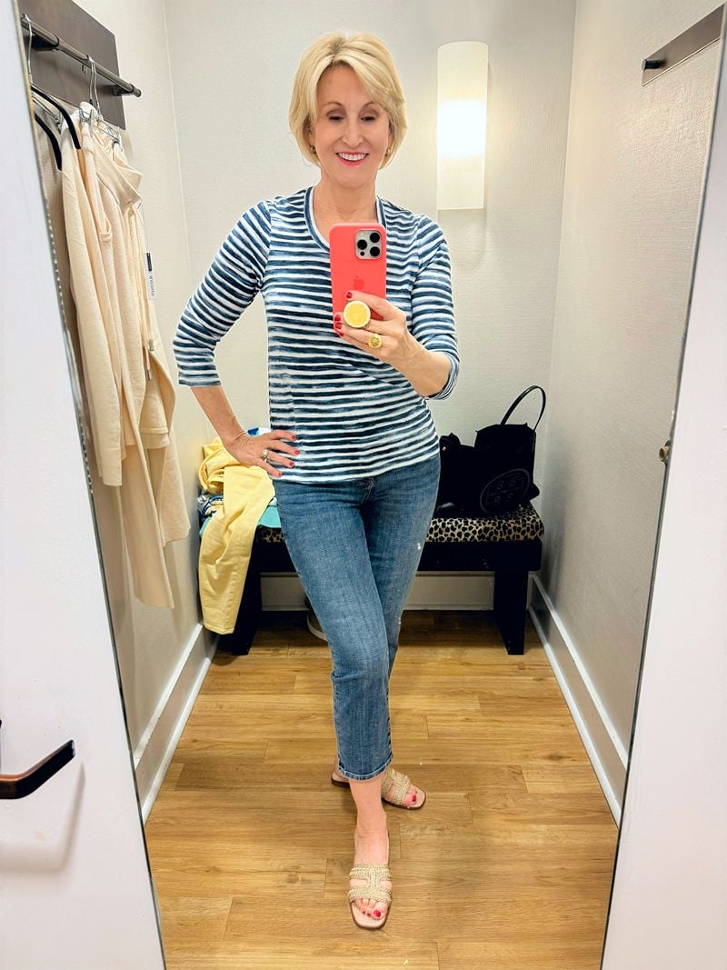 blue striped top denim capris | Chico's New Arrivals Try On