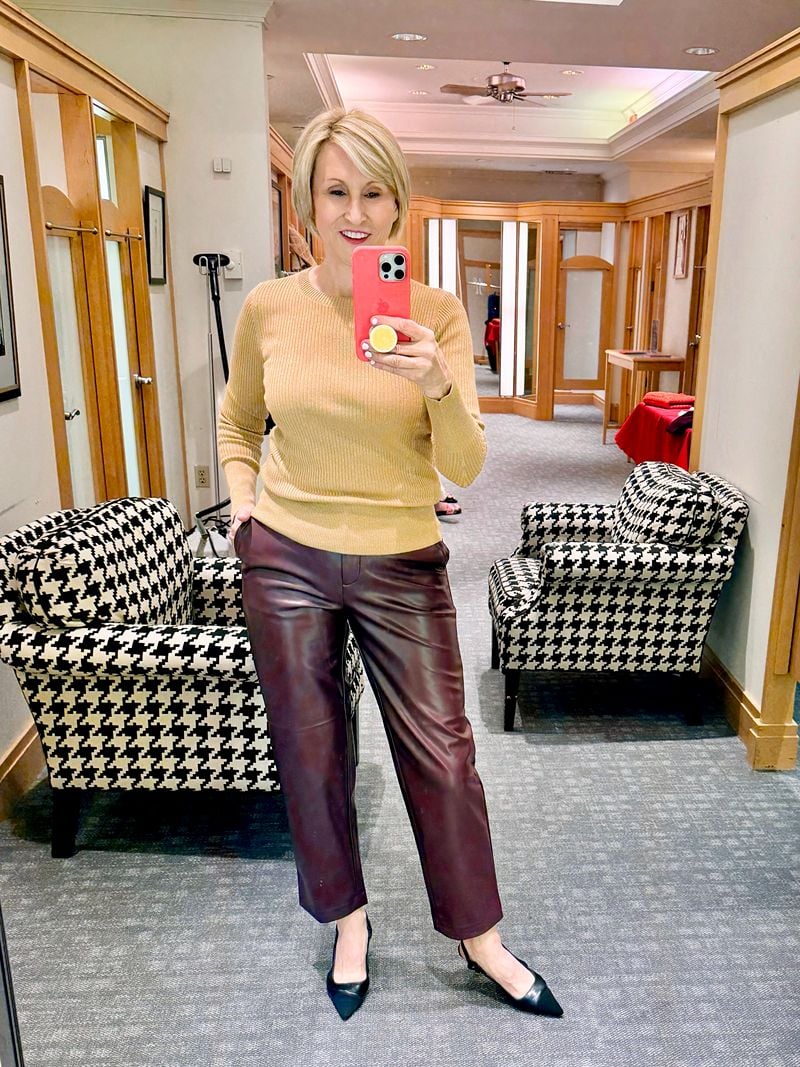 burgundy leather pants, gold top
