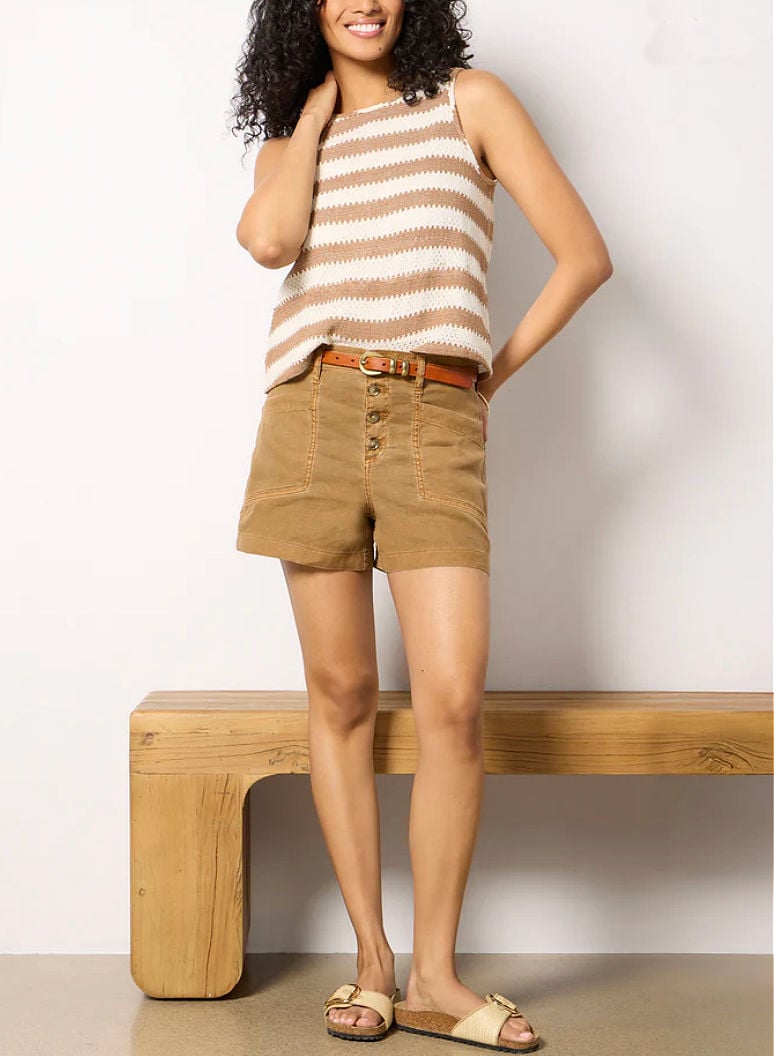 cream and tan crochet striped tank top and shorts