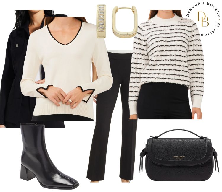 Winter white outfits - white sweaters, black pants