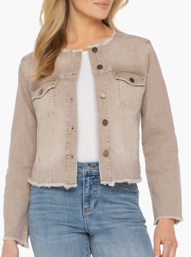 fray hem collarless denim jacket for women