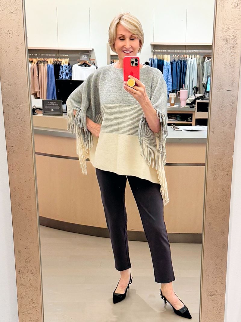 Knit Fringe Poncho gray and cream poncho jjill | J.Jill Try on Haul