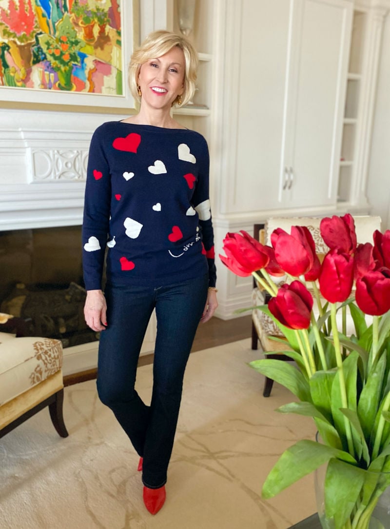 hearts sweater navy, red and white hearts sweater