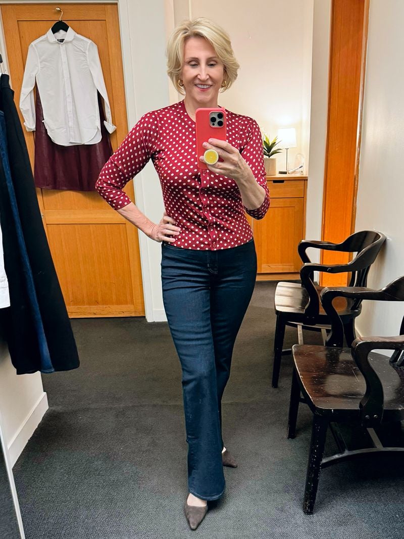 jcrew burgundy polka dot cardigan