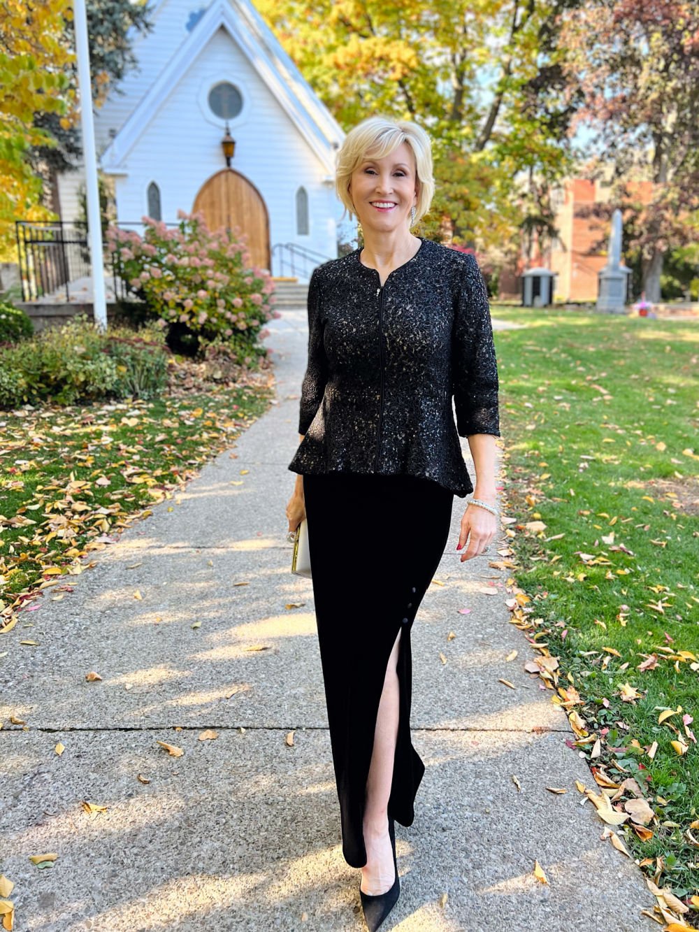 Mother of the Bride outfit-black sequin jacket and long velvet skirt