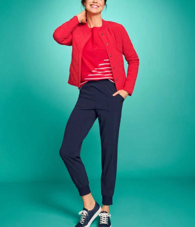 navy and red travel outfit