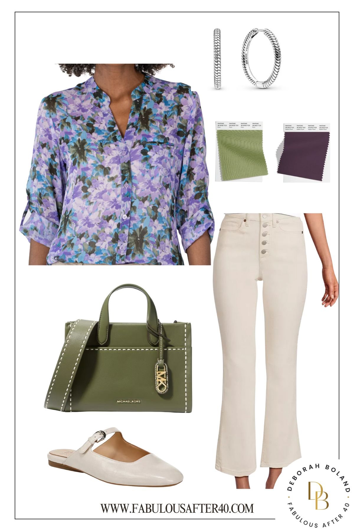 floral blouse in blue and purple fall colors with cream pants and green bag
