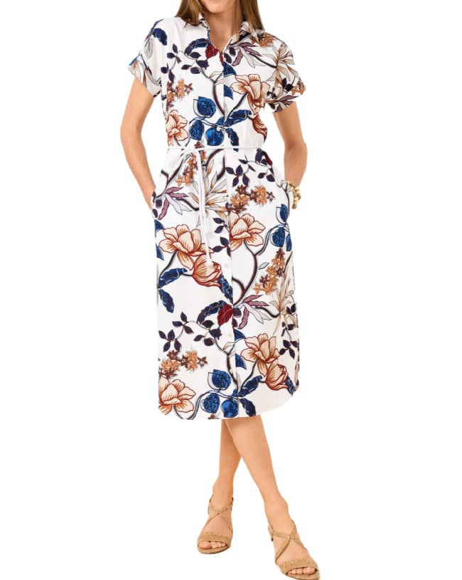 botanical print shirtdress petite summer dress -white, blue, and brown botanical print shirtdress with rope belt