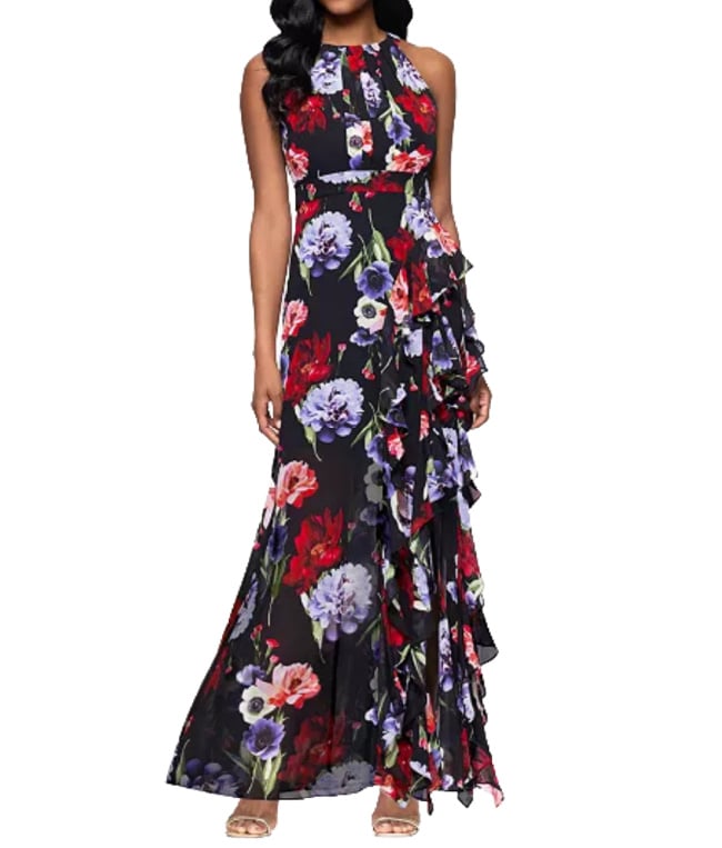 floral print halter maxi dress black, red, and purple floral print halter maxi dress with cascading ruffle