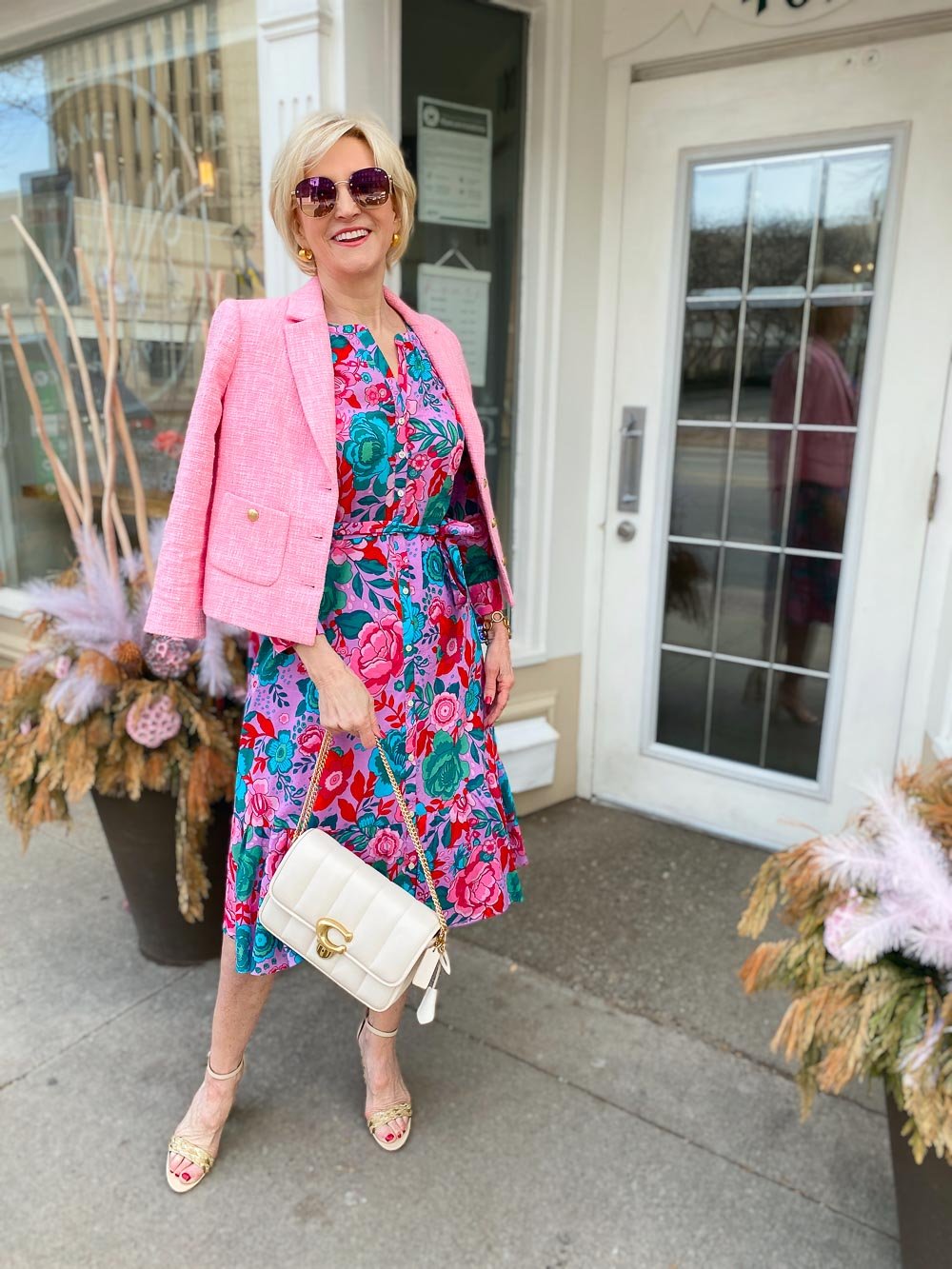 pink shirtdress cropped jacket