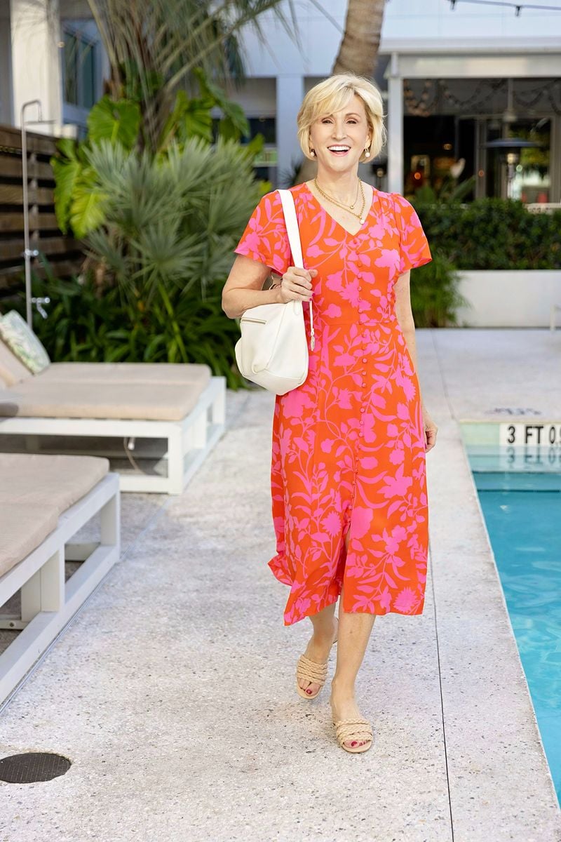 colorful spring dresses for women over 60 ,pink and red shirtdress for springtime