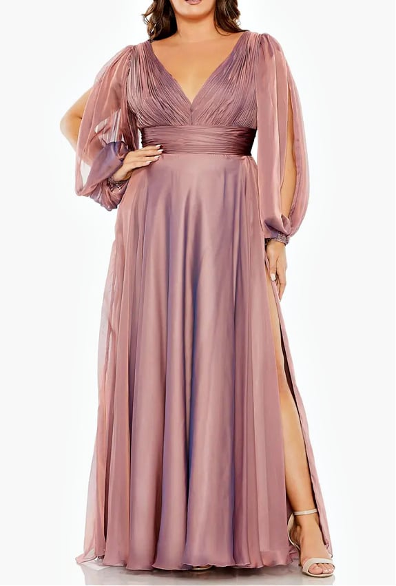 Puff Sleeve Embellished V-Neck Gown Rose Puff Sleeve Embellished V-Neck Gown