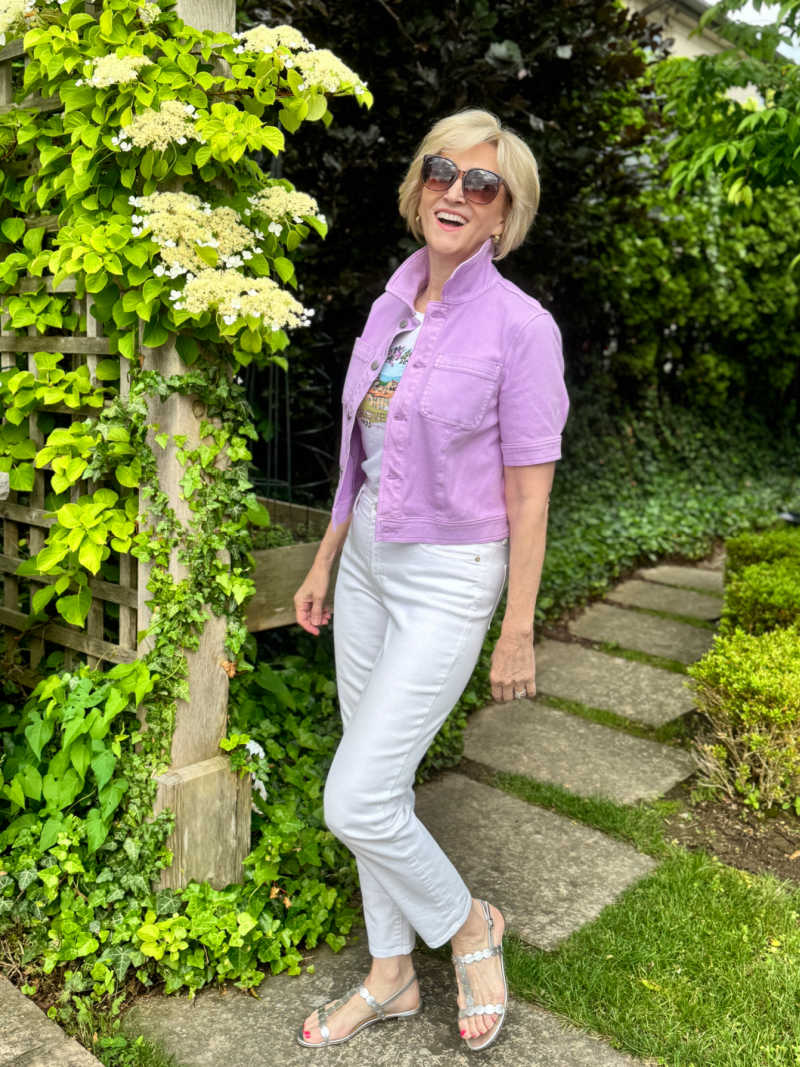 purple short sleeve denim jacket