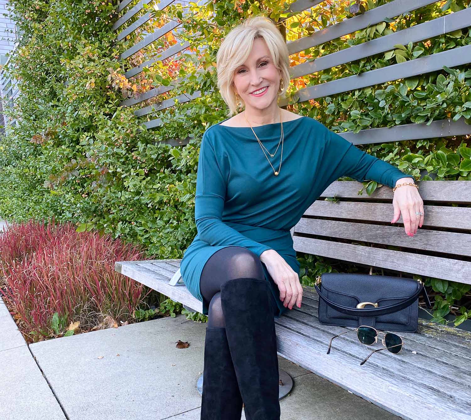 short teal dress with boots