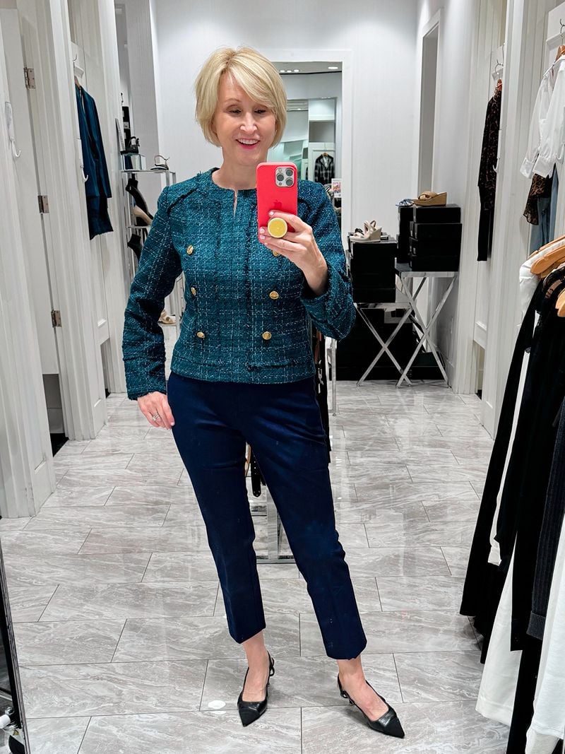 teal tweed jacket and navy cropped pants