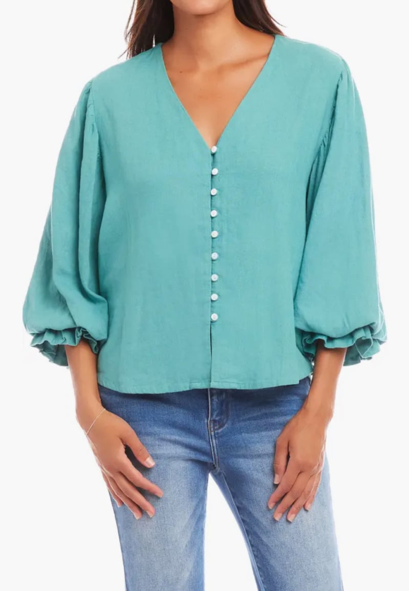 Blouson Sleeves teal button front blouson sleeve top