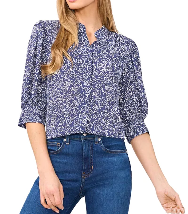 floral print elbow length sleeve top blue and white floral print elbow length sleeve top