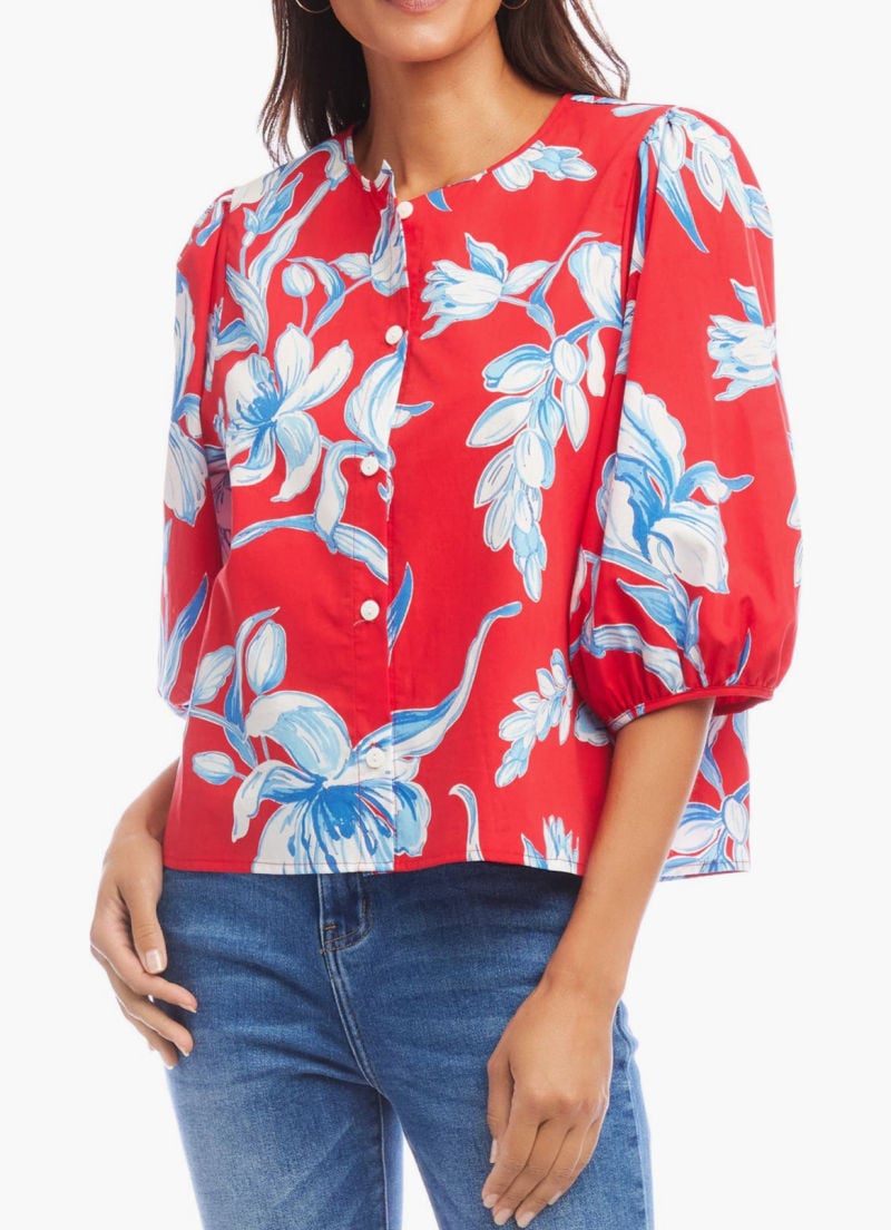 floral print puff sleeve top red and blue floral print puff sleeve top