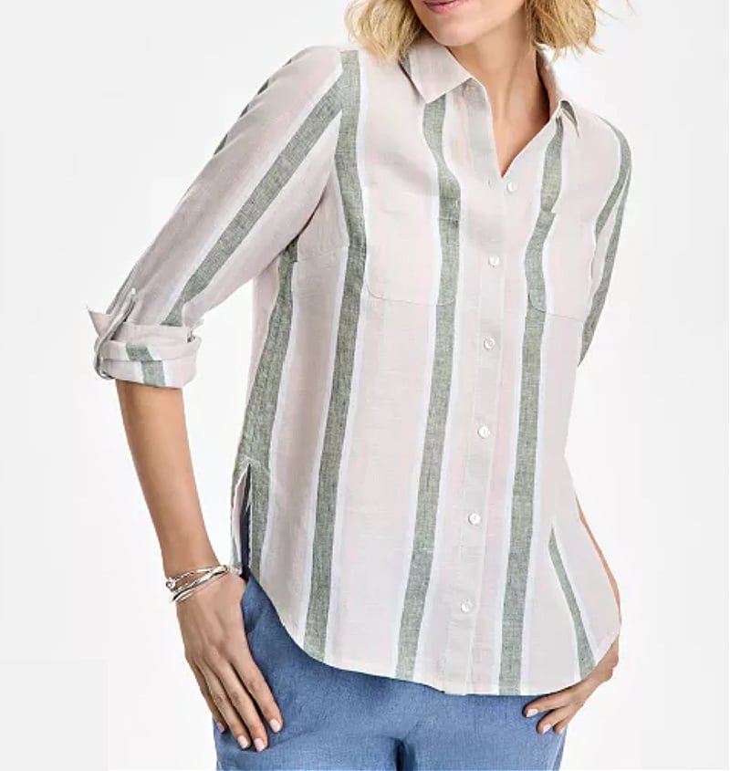green striped roll tab sleeve top gray and green striped roll tab sleeve top