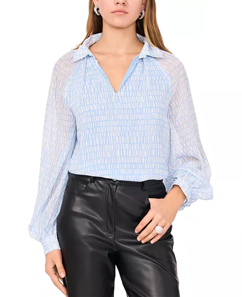 collared top with sheer sleeves Light blue collared top with sheer sleeves
