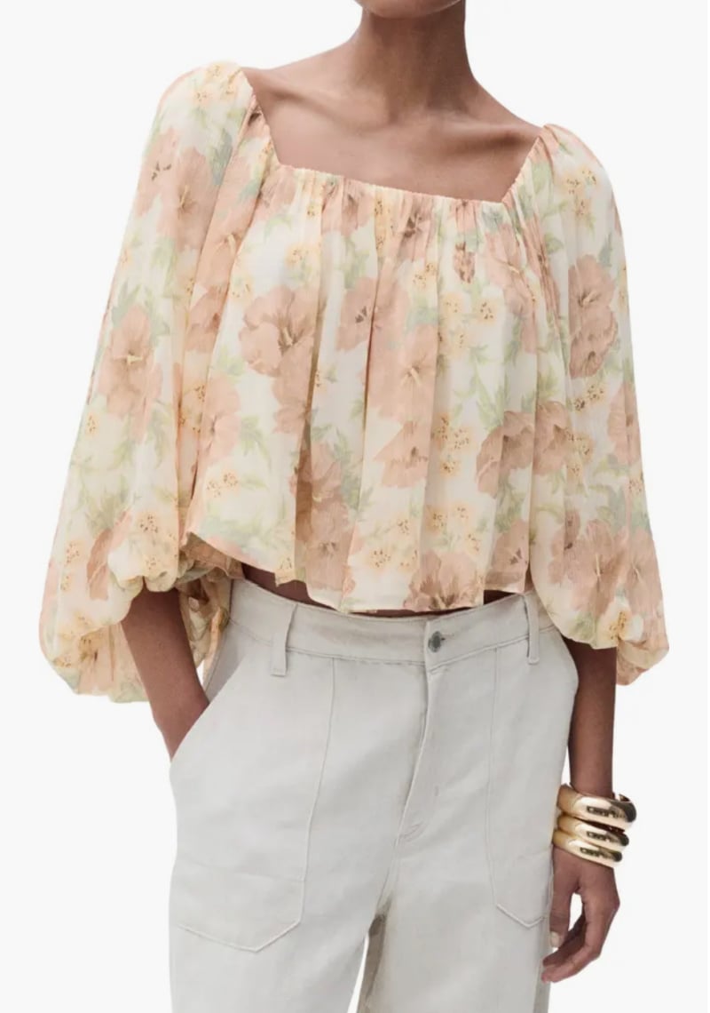 voluminous sleeve blouse beige and peach floral print voluminous sleeve blouse
