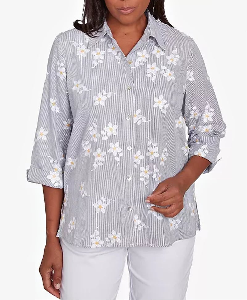 black and white striped top black and white striped top with embroidered flowers and cuffed sleeves