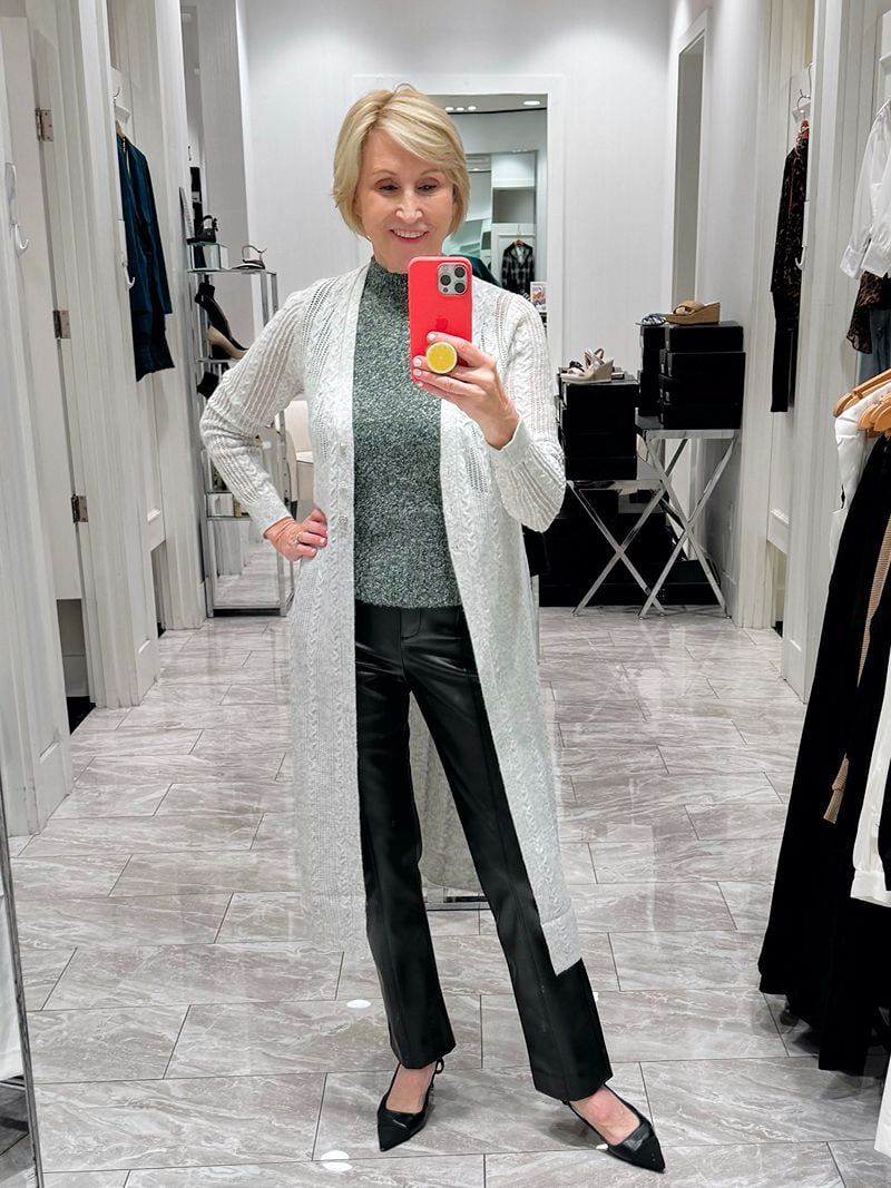 whbm gray duster leather pants