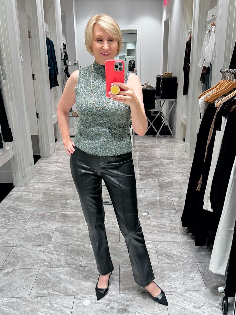 whbm new arrivals black leather pants- green turtleneck