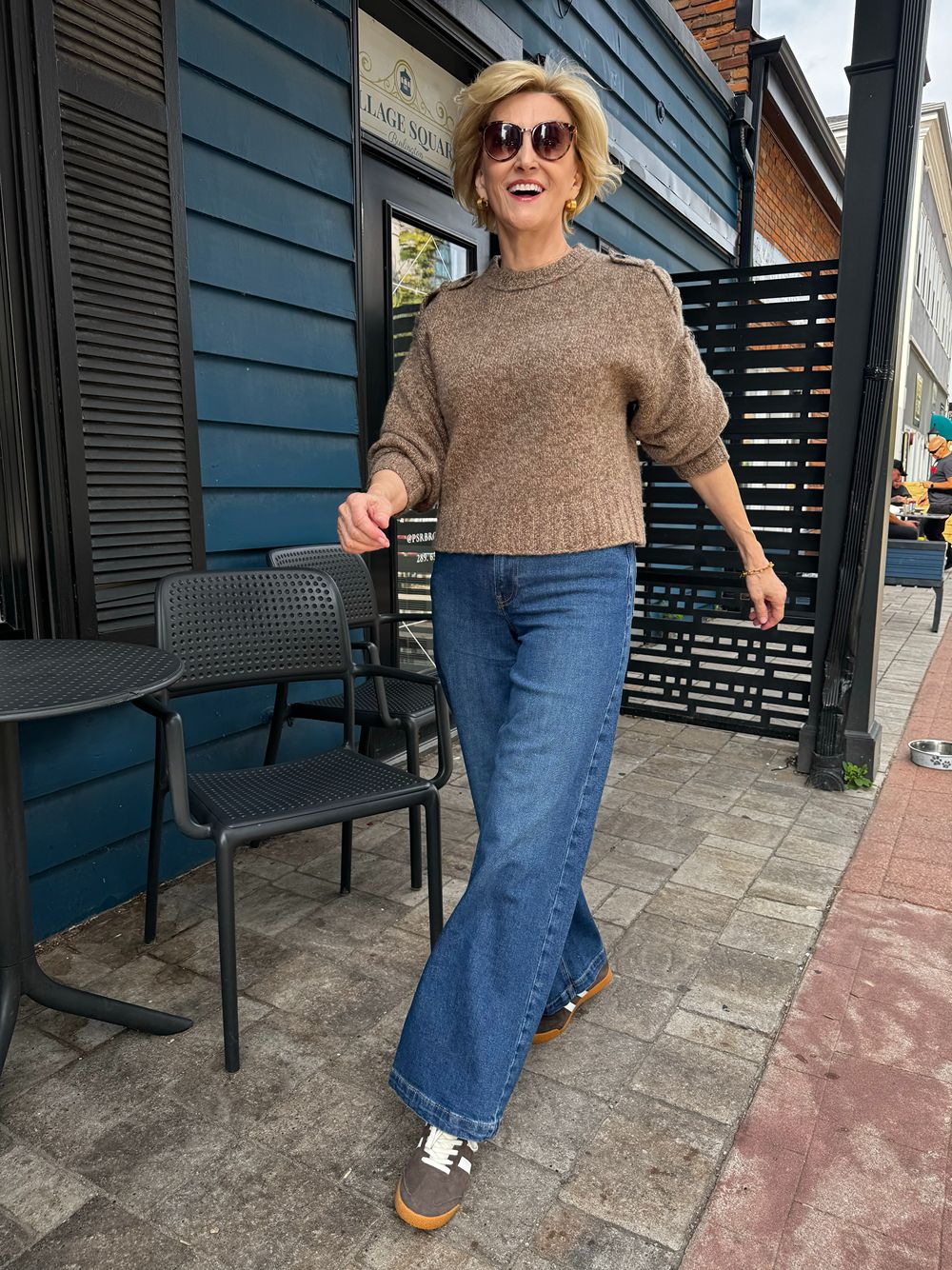 wide leg jeans, cropped brown sweater