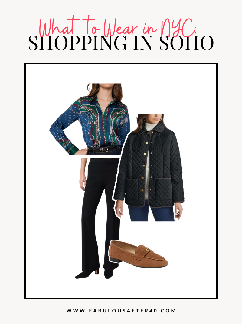 A GRAPHIC SHOWING AN OUTFIT YOU COULD WEAR WHILE SHOPPING IN SOHO OR FIFTH AVENUE IN NEW YORK CITY