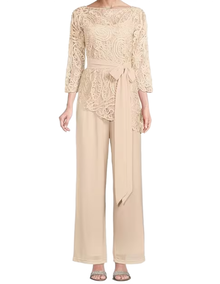 Champagne Asymmetrical Baroque Floral Lace Top 3/4 Sleeve Boat Neck Bodice Pant Set