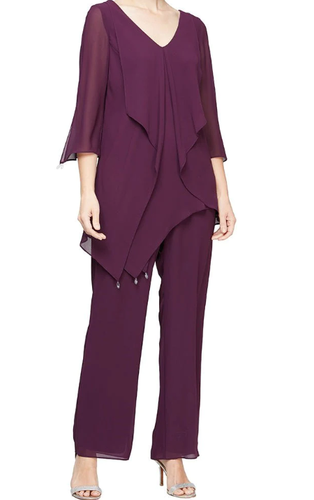 Plum Chiffon Pantsuit with Asymmetric Cascade Ruffle Blouse with Crystal Drop Embellishment