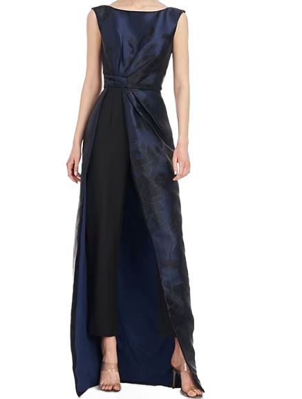 Black and Midnight Blue Metallic Floral Jacquard Boat Neckline Sleeveless Walk Through Jumpsuit