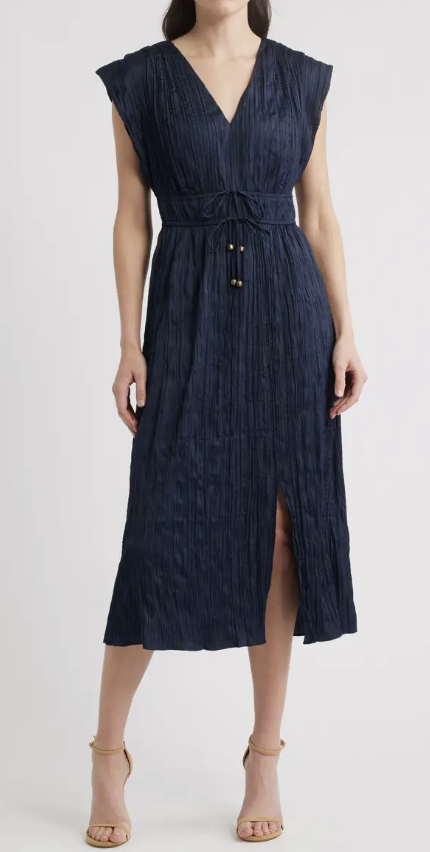 Tie Waist V-Neck Midi Dress to wear to a Backyard Barn Wedding for Women Over 40 50