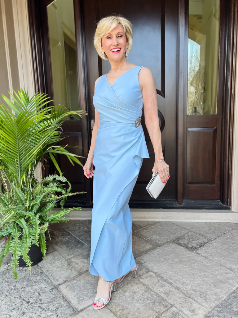 blue wrap style dress blue wrap style mother of the bride gown Deborah Boland